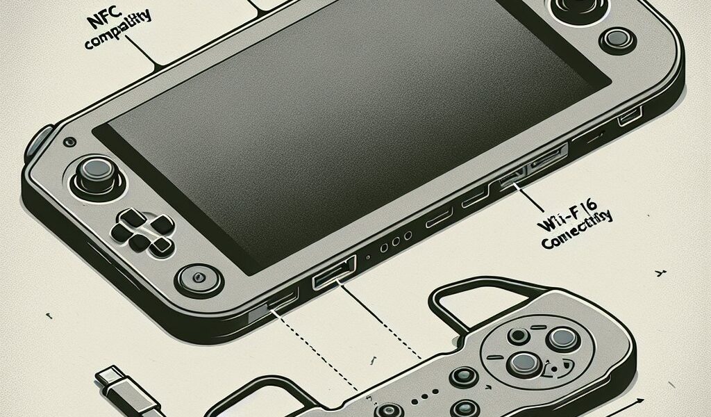"Render of Nintendo Switch 2 showcasing advanced features including NFC technology, dual USB-C ports, and Wi-Fi 6 connectivity, highlighting the next generation of gaming consoles."