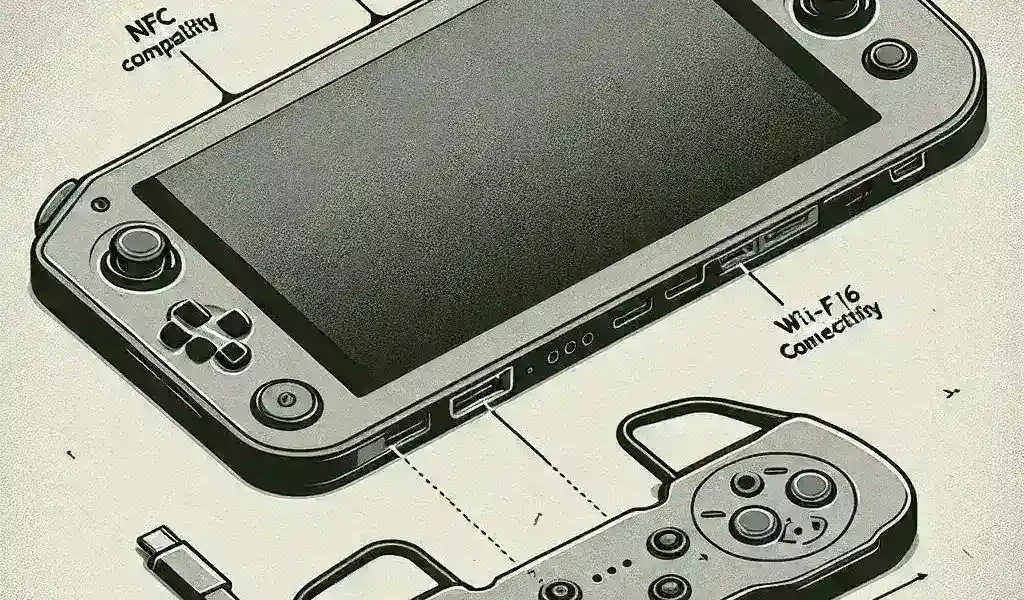 "Render of Nintendo Switch 2 showcasing advanced features including NFC technology, dual USB-C ports, and Wi-Fi 6 connectivity, highlighting the next generation of gaming consoles."