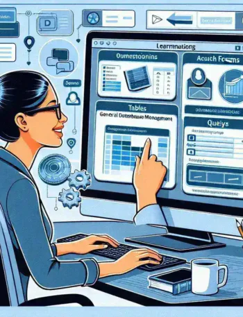 "Pengguna Microsoft Access yang baru belajar mengelola database dengan antarmuka program, disertai petunjuk praktis dari artikel 'Cara Menggunakan Microsoft Access: Panduan Lengkap untuk Pemula'."