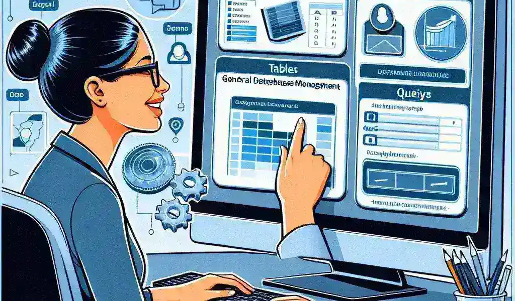 "Pengguna Microsoft Access yang baru belajar mengelola database dengan antarmuka program, disertai petunjuk praktis dari artikel 'Cara Menggunakan Microsoft Access: Panduan Lengkap untuk Pemula'."