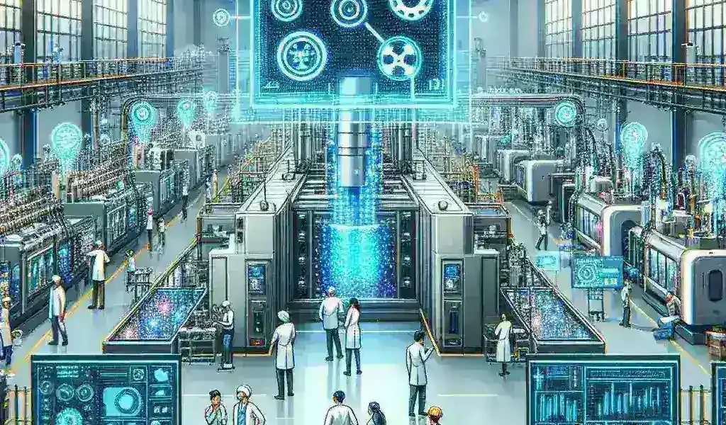 "Smart factory utilizing AI technology for production monitoring and enhanced security measures, showcasing automated machinery and real-time data analytics."