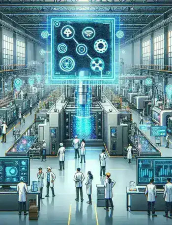 "Smart factory utilizing AI technology for production monitoring and enhanced security measures, showcasing automated machinery and real-time data analytics."