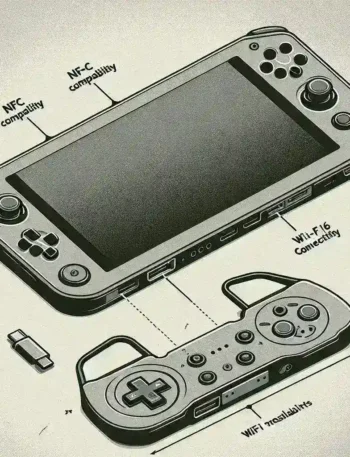 "Render of Nintendo Switch 2 showcasing advanced features including NFC technology, dual USB-C ports, and Wi-Fi 6 connectivity, highlighting the next generation of gaming consoles."