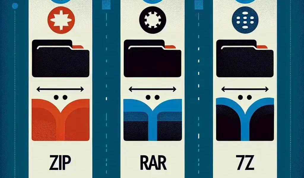 "Ilustrasi aplikasi pengarsip file seperti ZIP, RAR, dan 7z untuk panduan lengkap dan perbandingan."