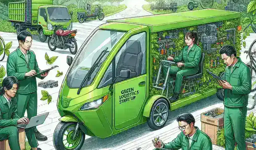"Armada kendaraan listrik roda tiga dari startup Logistik Hijau Indonesia, menampilkan inovasi ramah lingkungan dalam transportasi."