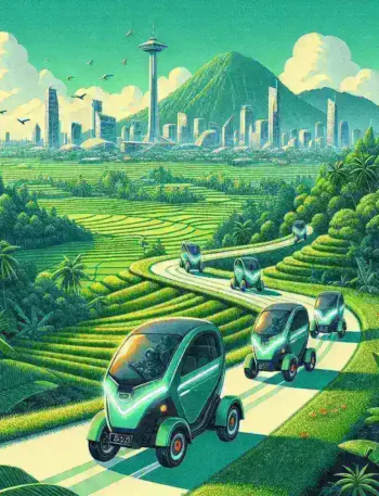 "Armada kendaraan listrik roda tiga dari Startup Logistik Hijau Indonesia, menampilkan inovasi ramah lingkungan dalam transportasi barang di kawasan urban."