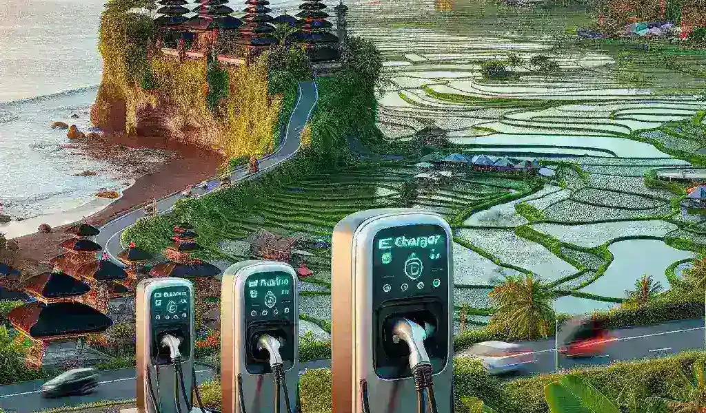 "Image of a public electric vehicle charger in Bali, highlighting the island's initiative to install 1,000 EV chargers to support eco-friendly tourism and sustainable travel."