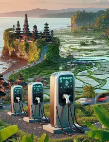 "Image of a public electric vehicle charger in Bali, highlighting the island's initiative to install 1,000 EV chargers to support eco-friendly tourism and sustainable travel."